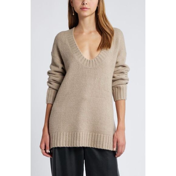 Open Edit Womens V-Neck Tunic Sweater Size M Medium Soft Beige Coffee - Picture 1 of 3